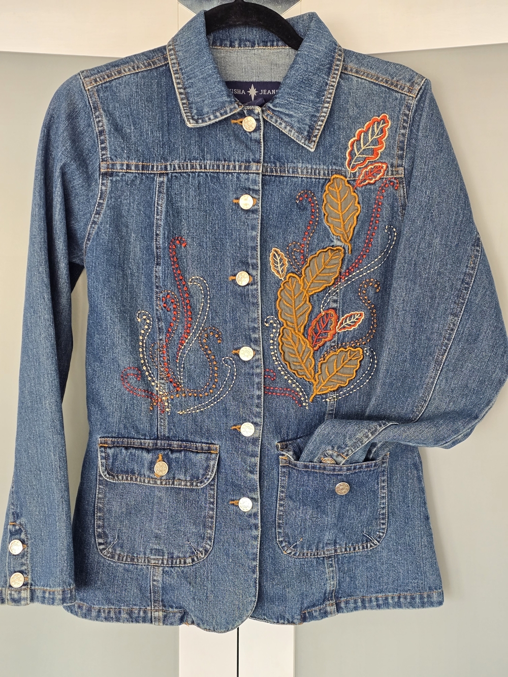 Embroidered Blue Denim Jacket with Fall Leaf Motif